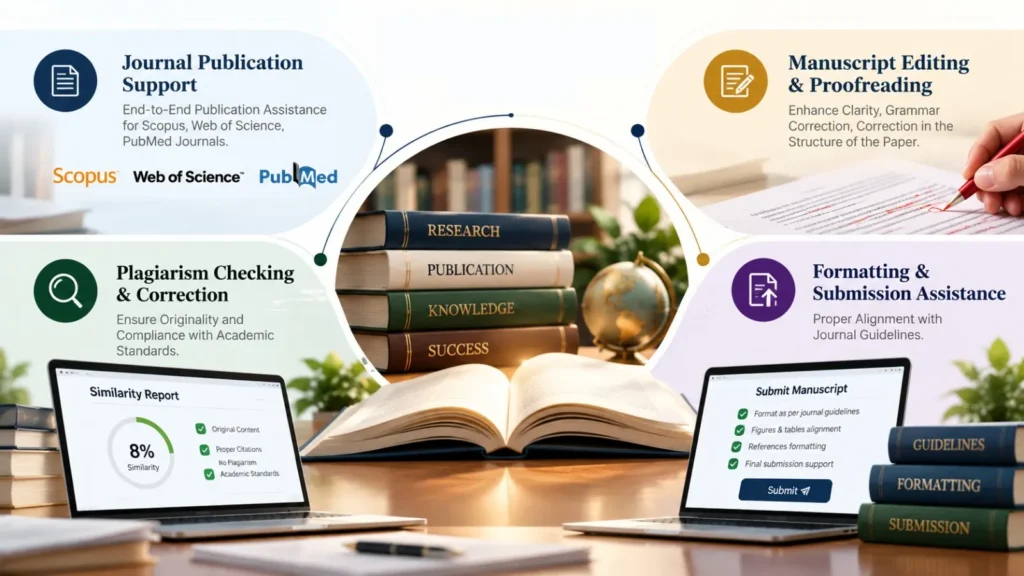 Academic journal publication support, manuscript editing, plagiarism checking and formatting assistance services